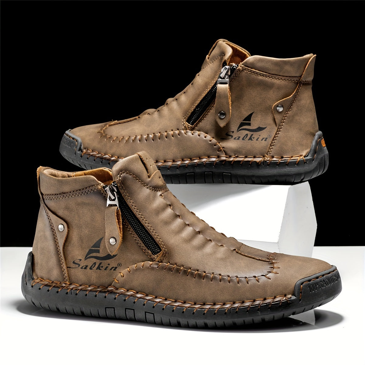 Comfortable Wear-resistant FLYLAND Men's Ankle Boots Vintage Style Non-slip Stitch Boots for Hiking Trekking Climbing Outdoor Shoes