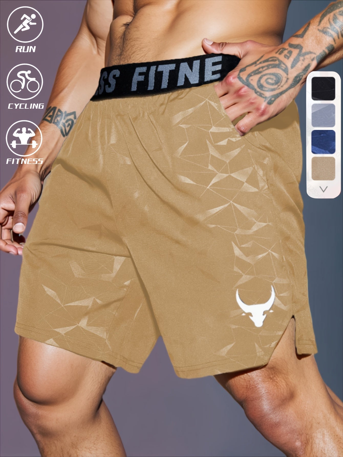 Men's "S's FINE" Athletic Shorts - Gray, Quick-Dry Polyester with Geometric Pattern, Elastic Waistband, Ideal for Running & Workouts, Machine Washable