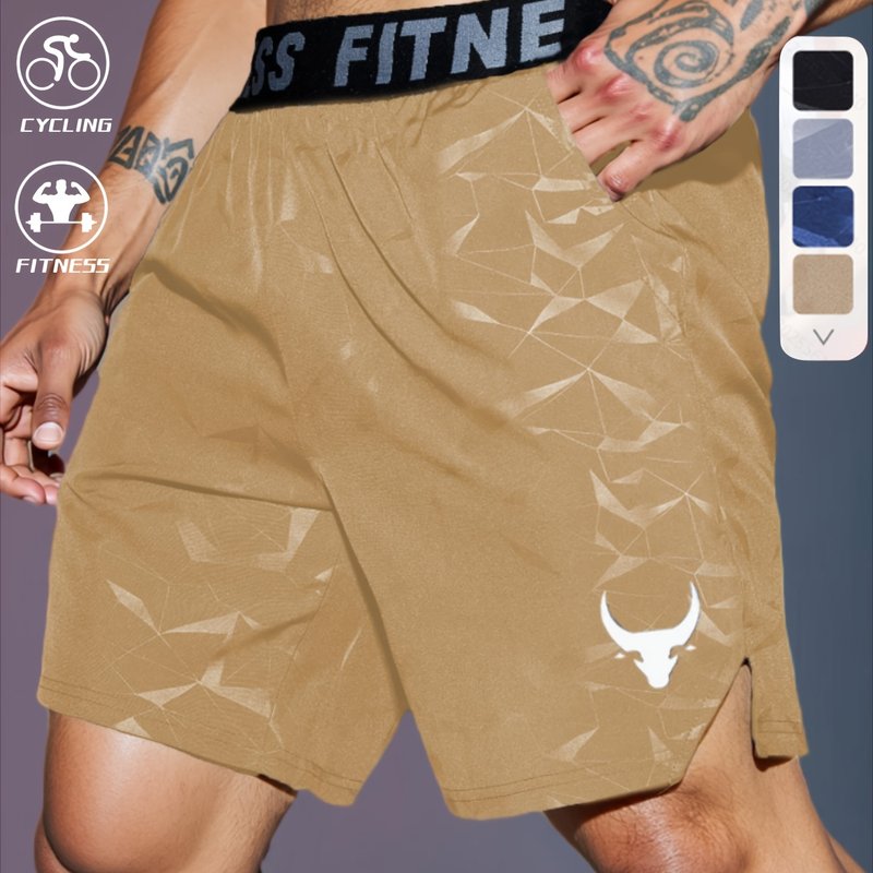 Men's "S's FINE" Athletic Shorts - Gray, Quick-Dry Polyester with Geometric Pattern, Elastic Waistband, Ideal for Running & Workouts, Machine Washable