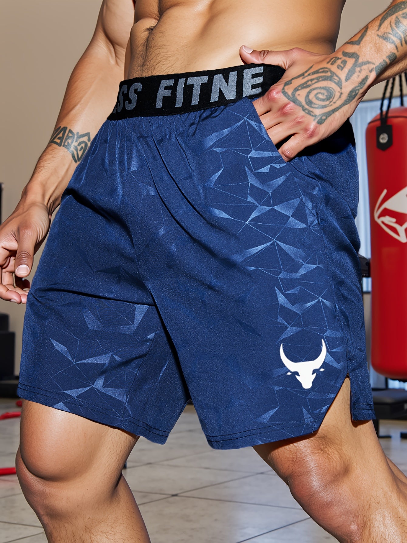 Men's "S's FINE" Athletic Shorts - Gray, Quick-Dry Polyester with Geometric Pattern, Elastic Waistband, Ideal for Running & Workouts, Machine Washable