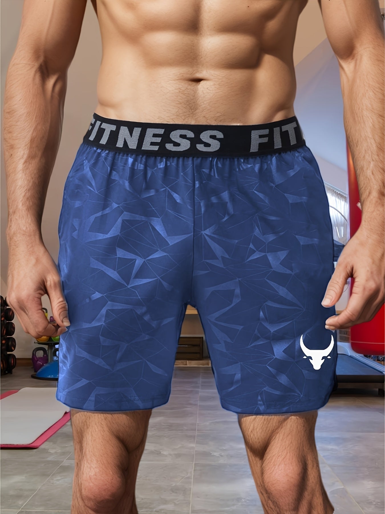 Men's "S's FINE" Athletic Shorts - Gray, Quick-Dry Polyester with Geometric Pattern, Elastic Waistband, Ideal for Running & Workouts, Machine Washable