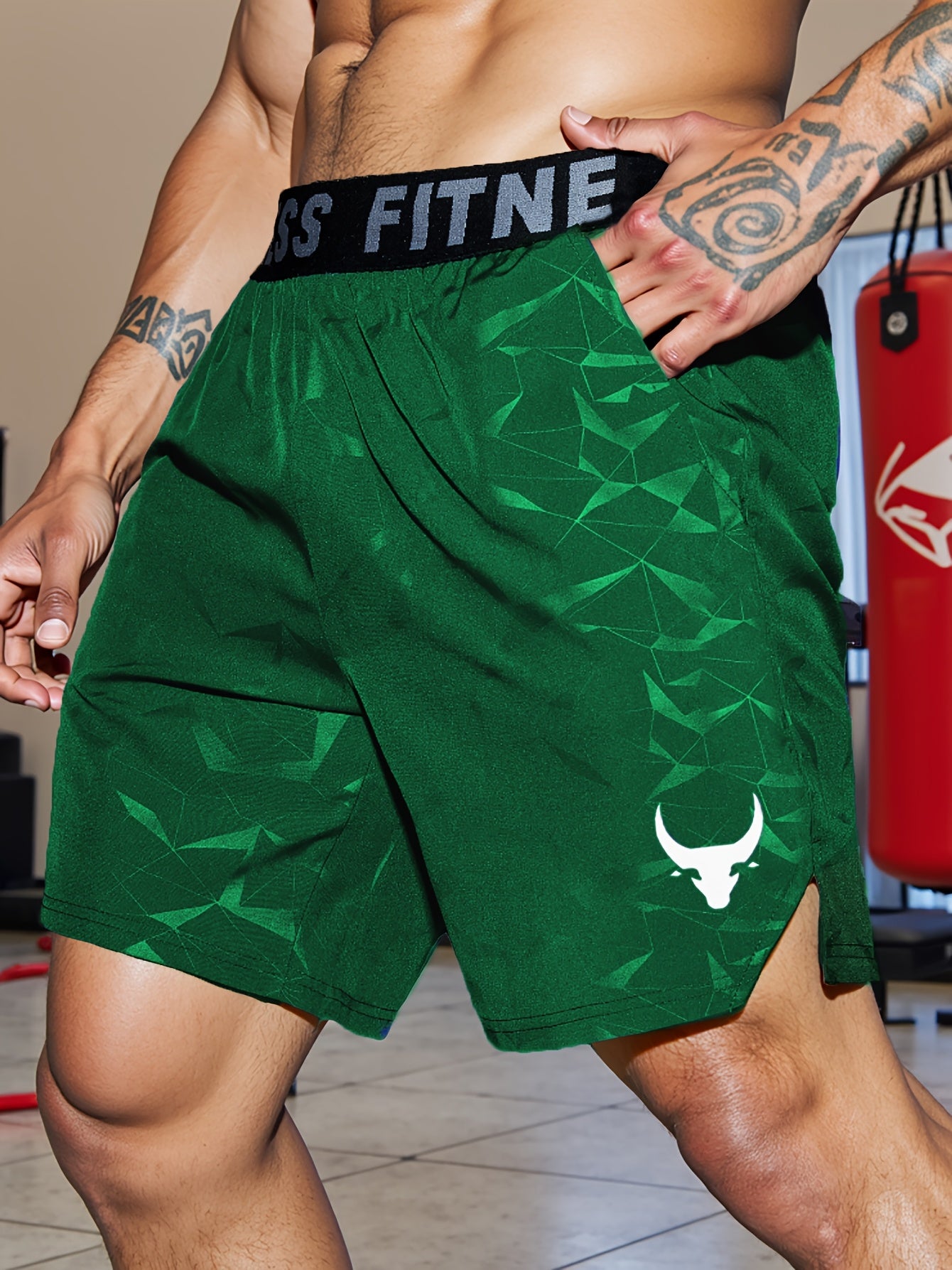 Men's "S's FINE" Athletic Shorts - Gray, Quick-Dry Polyester with Geometric Pattern, Elastic Waistband, Ideal for Running & Workouts, Machine Washable