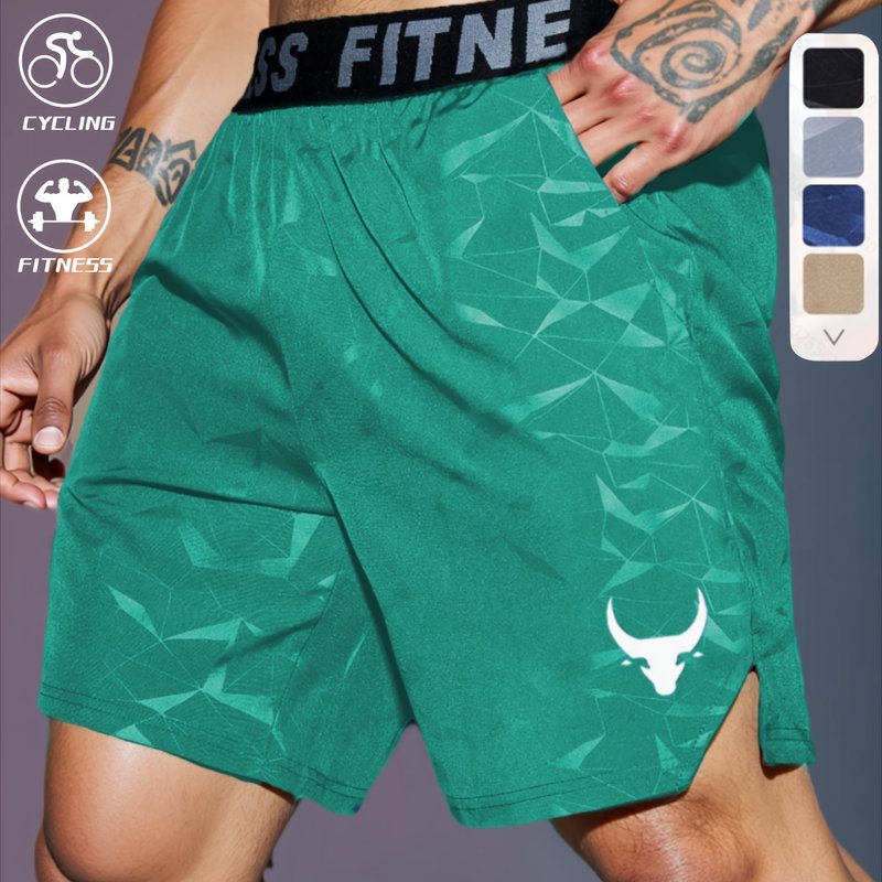 Men's "S's FINE" Athletic Shorts - Gray, Quick-Dry Polyester with Geometric Pattern, Elastic Waistband, Ideal for Running & Workouts, Machine Washable