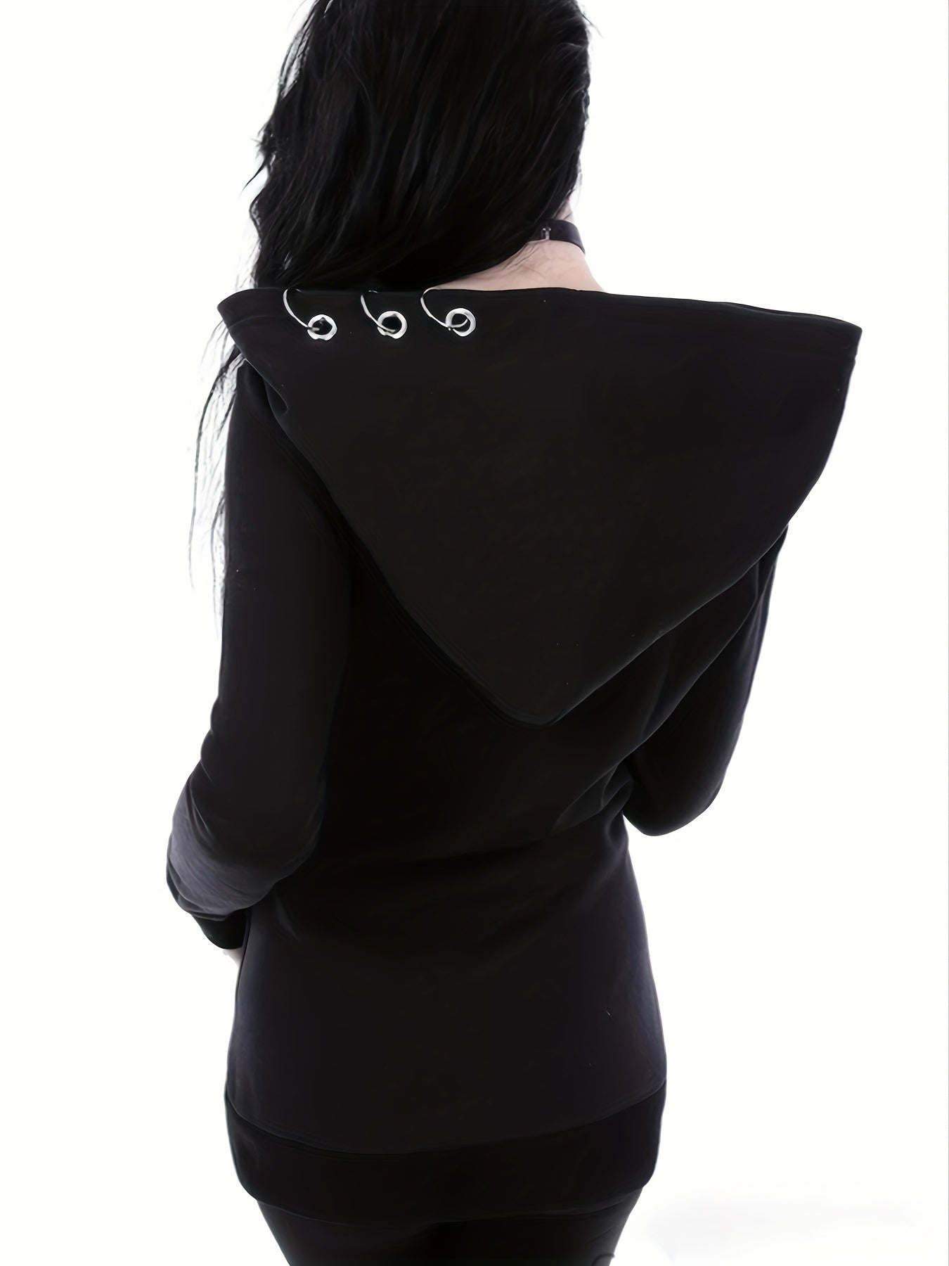 Stylish Black Zip-Up Hoodie with Unique Chain Detail - Casual Long Sleeve, Polyester Blend, Machine Washable - Perfect for All Seasons