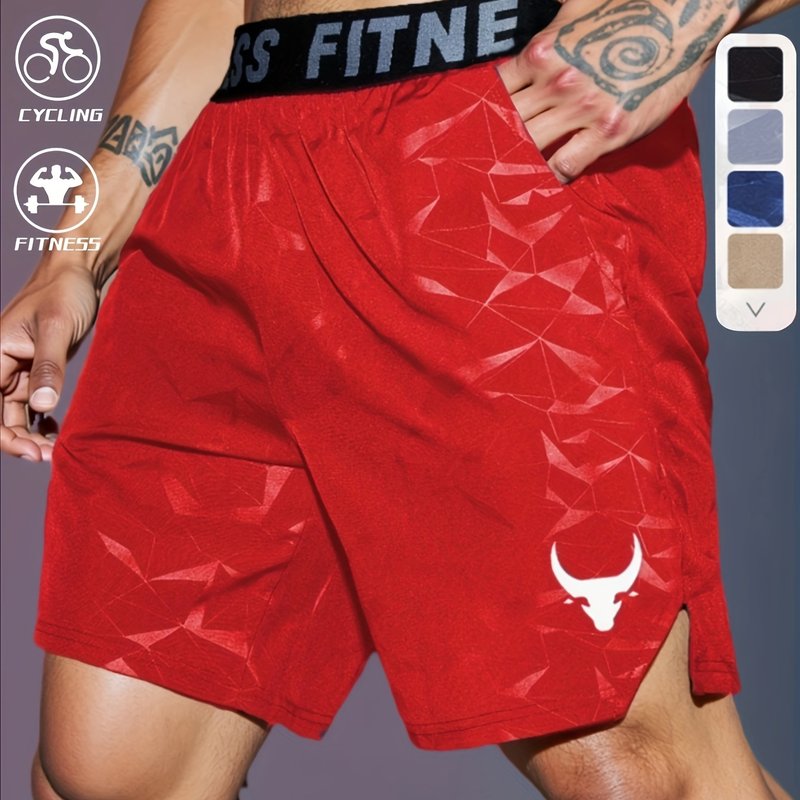 Men's "S's FINE" Athletic Shorts - Gray, Quick-Dry Polyester with Geometric Pattern, Elastic Waistband, Ideal for Running & Workouts, Machine Washable