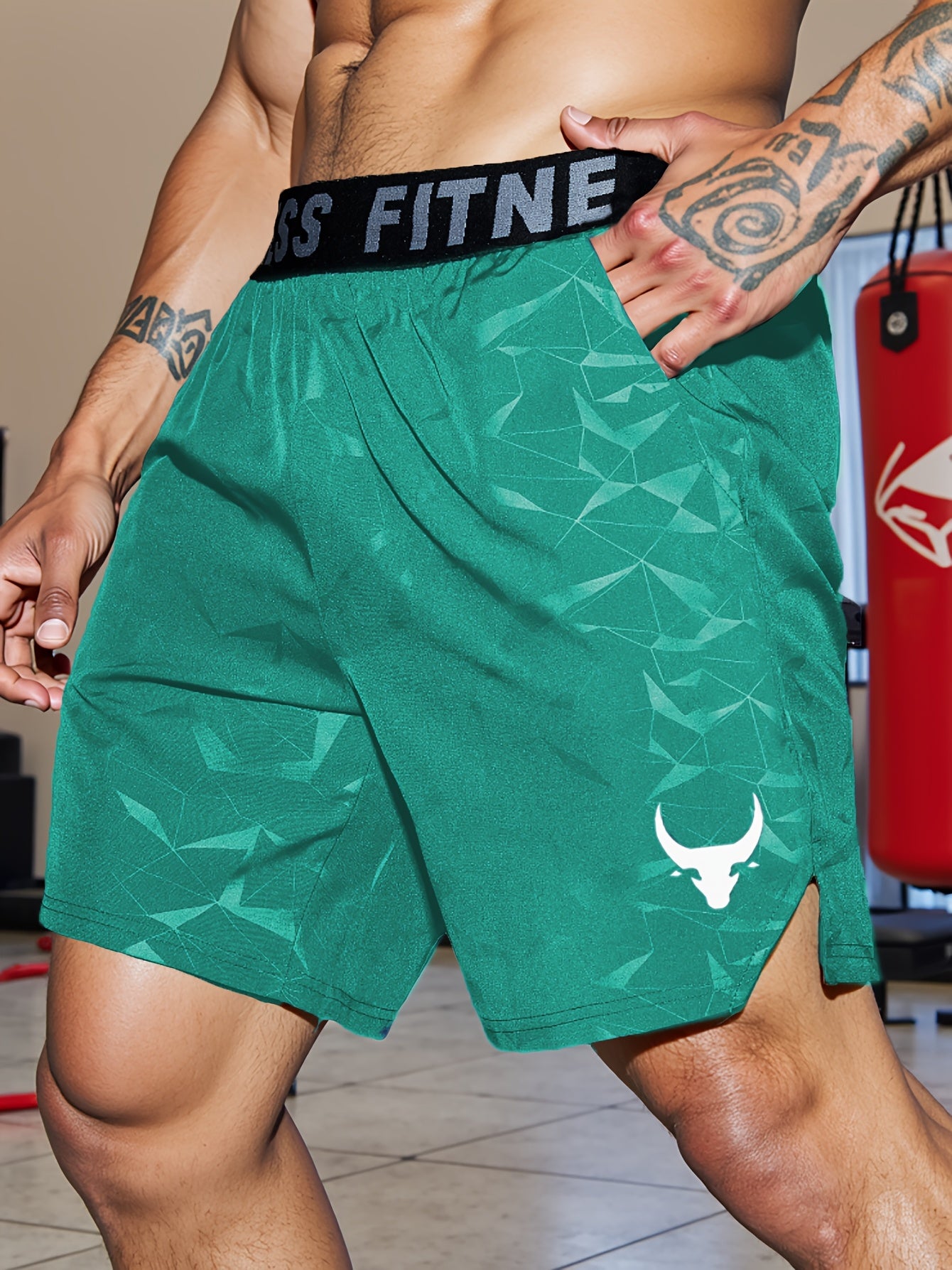 Men's "S's FINE" Athletic Shorts - Gray, Quick-Dry Polyester with Geometric Pattern, Elastic Waistband, Ideal for Running & Workouts, Machine Washable