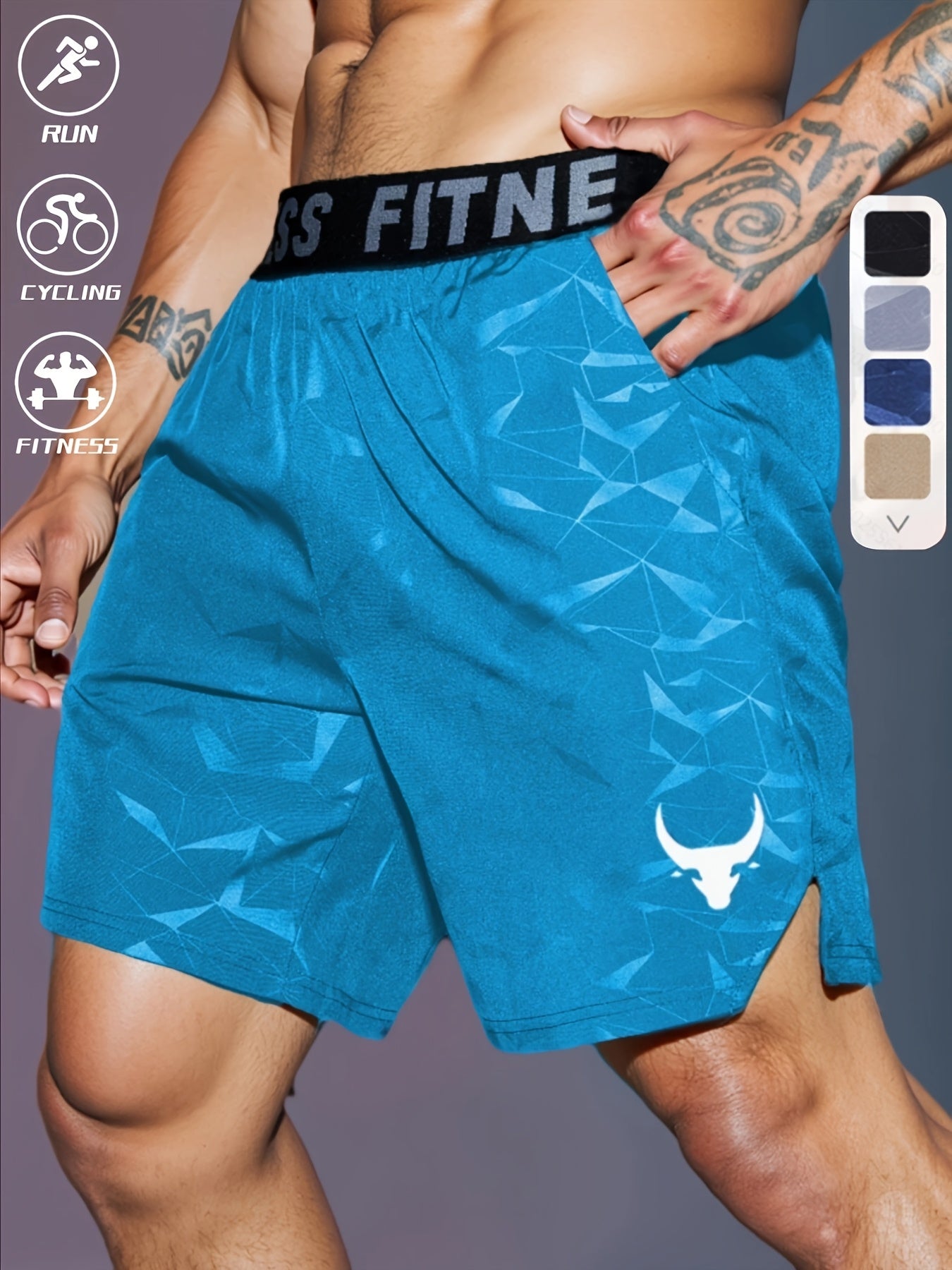 Men's "S's FINE" Athletic Shorts - Gray, Quick-Dry Polyester with Geometric Pattern, Elastic Waistband, Ideal for Running & Workouts, Machine Washable