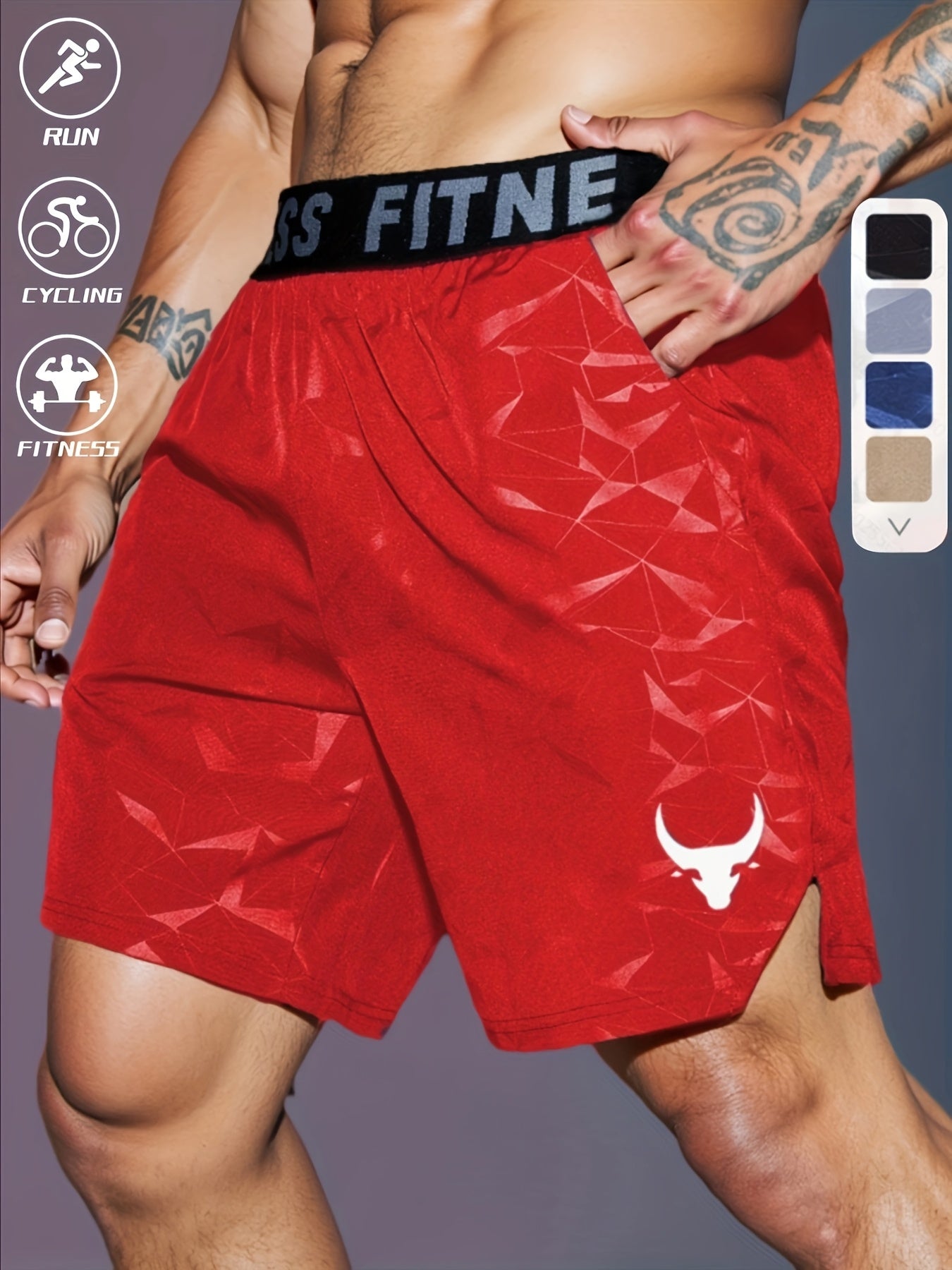 Men's "S's FINE" Athletic Shorts - Gray, Quick-Dry Polyester with Geometric Pattern, Elastic Waistband, Ideal for Running & Workouts, Machine Washable