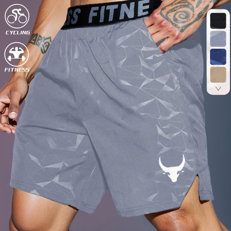 Men's "S's FINE" Athletic Shorts - Gray, Quick-Dry Polyester with Geometric Pattern, Elastic Waistband, Ideal for Running & Workouts, Machine Washable
