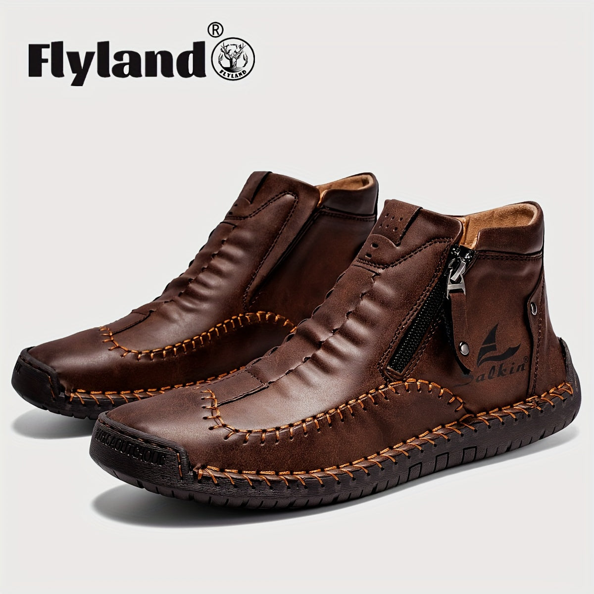 Comfortable Wear-resistant FLYLAND Men's Ankle Boots Vintage Style Non-slip Stitch Boots for Hiking Trekking Climbing Outdoor Shoes