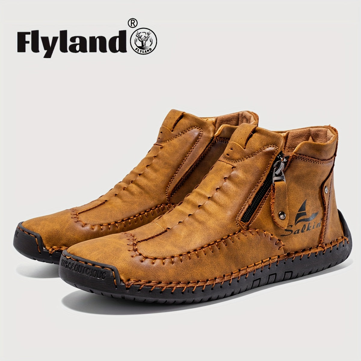 Comfortable Wear-resistant FLYLAND Men's Ankle Boots Vintage Style Non-slip Stitch Boots for Hiking Trekking Climbing Outdoor Shoes