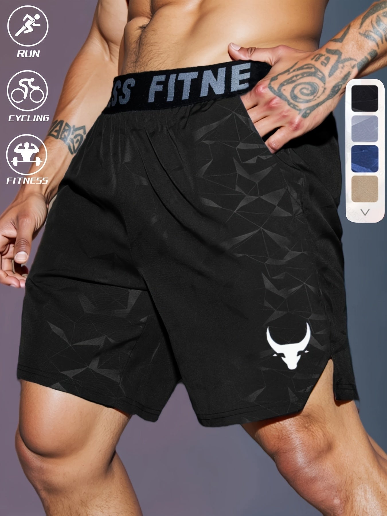 Men's "S's FINE" Athletic Shorts - Gray, Quick-Dry Polyester with Geometric Pattern, Elastic Waistband, Ideal for Running & Workouts, Machine Washable