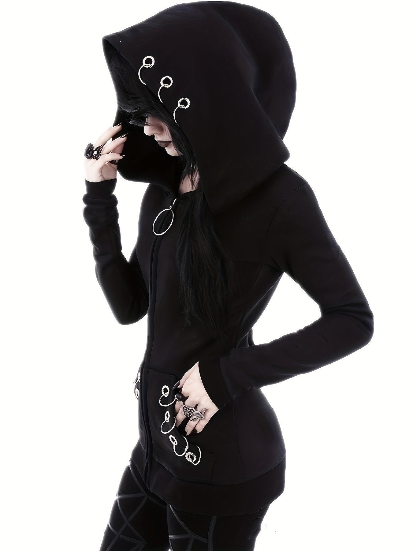 Stylish Black Zip-Up Hoodie with Unique Chain Detail - Casual Long Sleeve, Polyester Blend, Machine Washable - Perfect for All Seasons