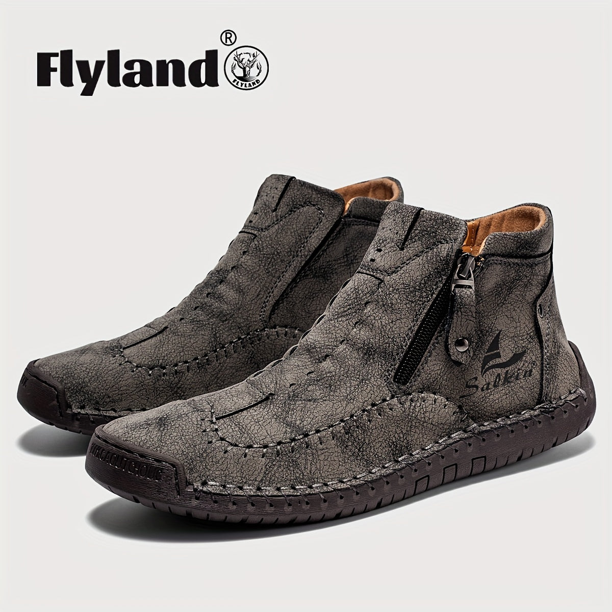 Comfortable Wear-resistant FLYLAND Men's Ankle Boots Vintage Style Non-slip Stitch Boots for Hiking Trekking Climbing Outdoor Shoes