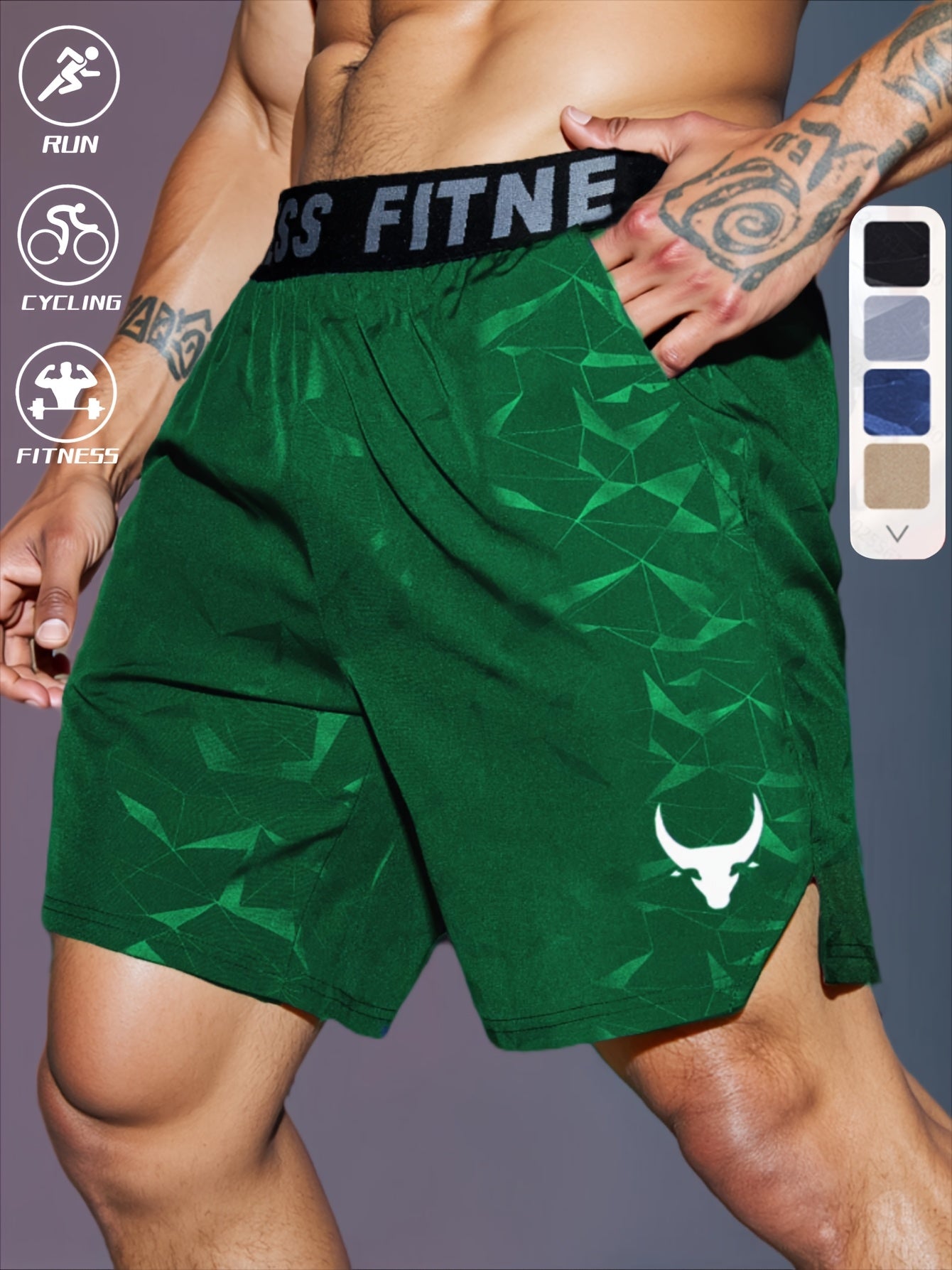 Men's "S's FINE" Athletic Shorts - Gray, Quick-Dry Polyester with Geometric Pattern, Elastic Waistband, Ideal for Running & Workouts, Machine Washable