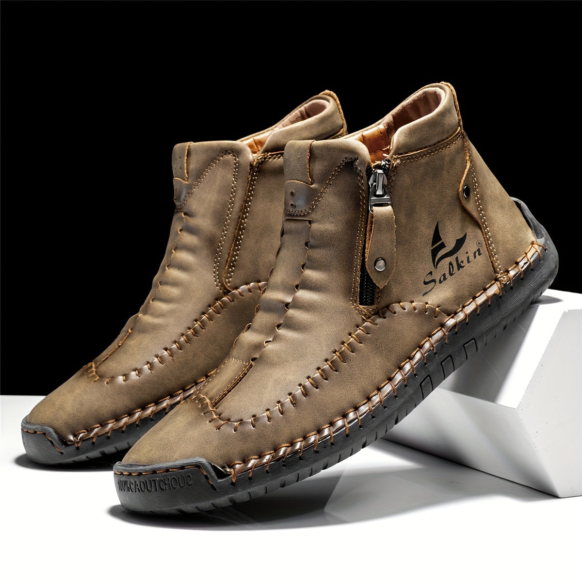 Comfortable Wear-resistant FLYLAND Men's Ankle Boots Vintage Style Non-slip Stitch Boots for Hiking Trekking Climbing Outdoor Shoes