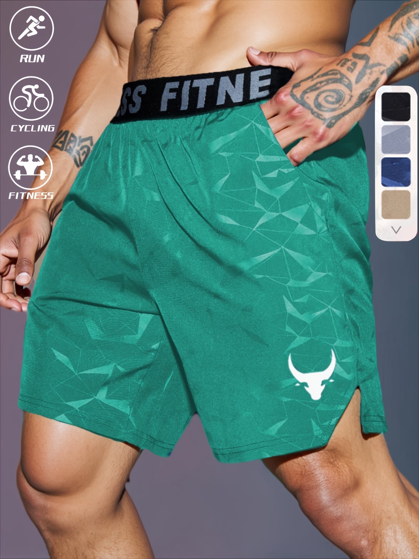 Men's "S's FINE" Athletic Shorts - Gray, Quick-Dry Polyester with Geometric Pattern, Elastic Waistband, Ideal for Running & Workouts, Machine Washable