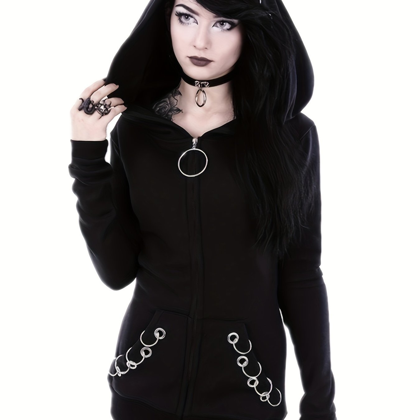 Stylish Black Zip-Up Hoodie with Unique Chain Detail - Casual Long Sleeve, Polyester Blend, Machine Washable - Perfect for All Seasons