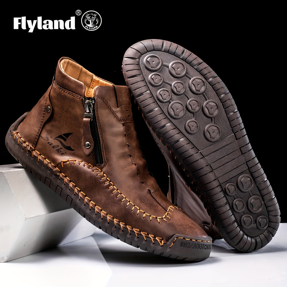 Comfortable Wear-resistant FLYLAND Men's Ankle Boots Vintage Style Non-slip Stitch Boots for Hiking Trekking Climbing Outdoor Shoes