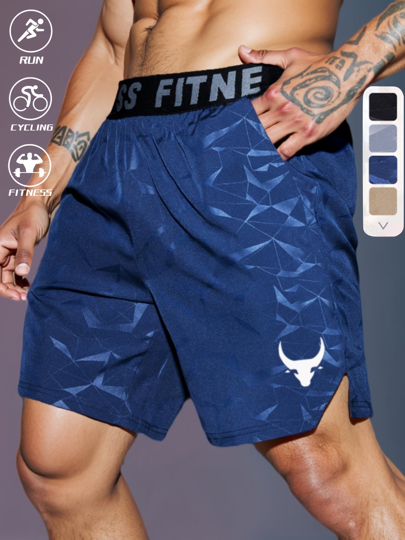 Men's "S's FINE" Athletic Shorts - Gray, Quick-Dry Polyester with Geometric Pattern, Elastic Waistband, Ideal for Running & Workouts, Machine Washable
