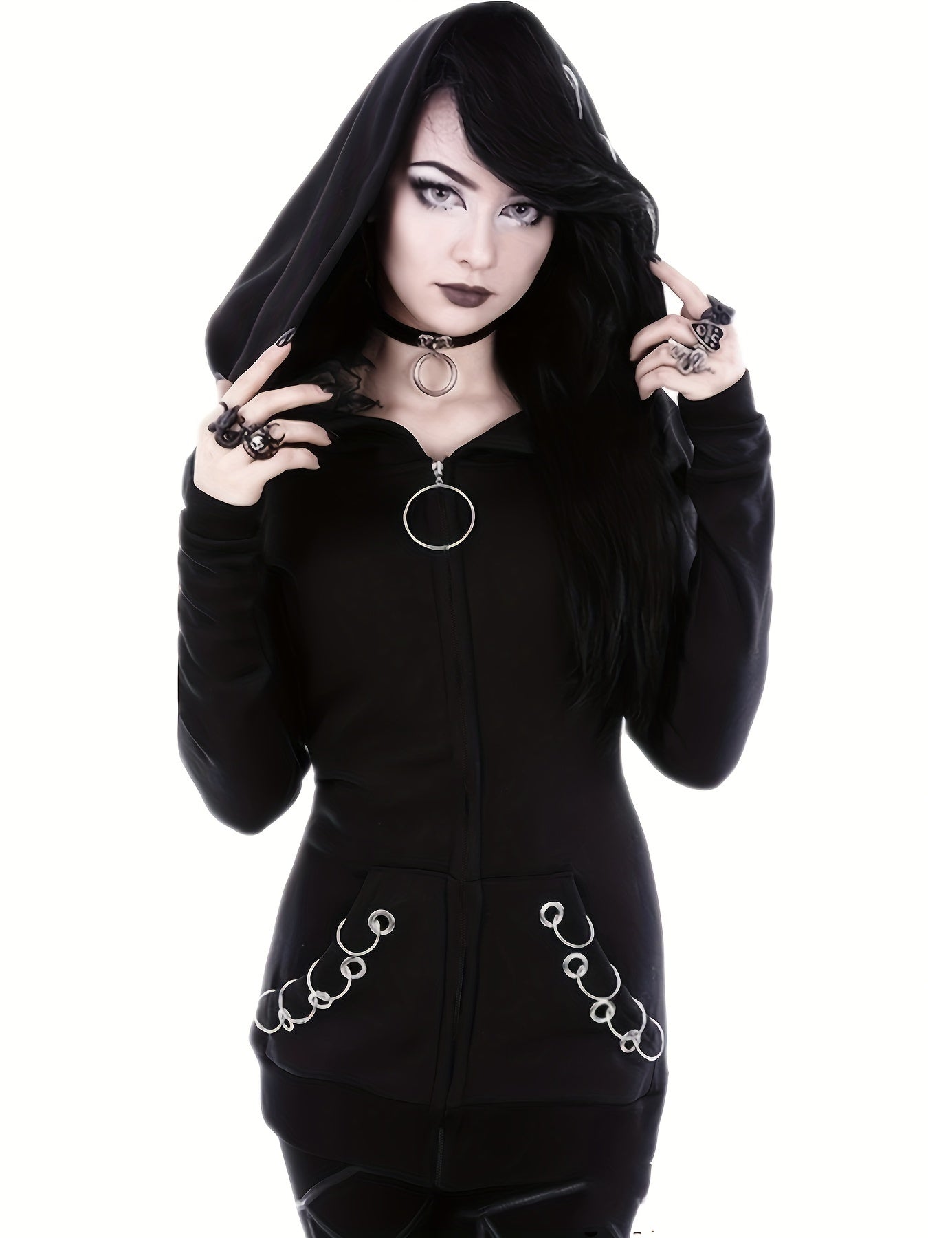 Stylish Black Zip-Up Hoodie with Unique Chain Detail - Casual Long Sleeve, Polyester Blend, Machine Washable - Perfect for All Seasons