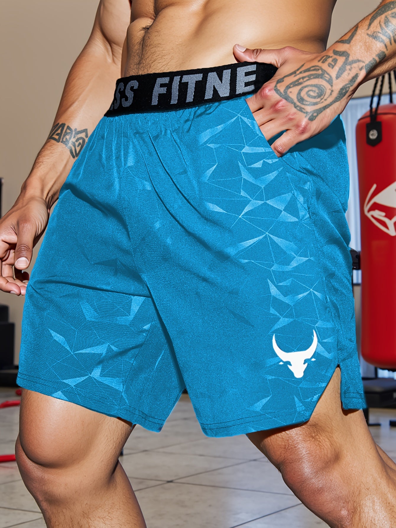 Men's "S's FINE" Athletic Shorts - Gray, Quick-Dry Polyester with Geometric Pattern, Elastic Waistband, Ideal for Running & Workouts, Machine Washable