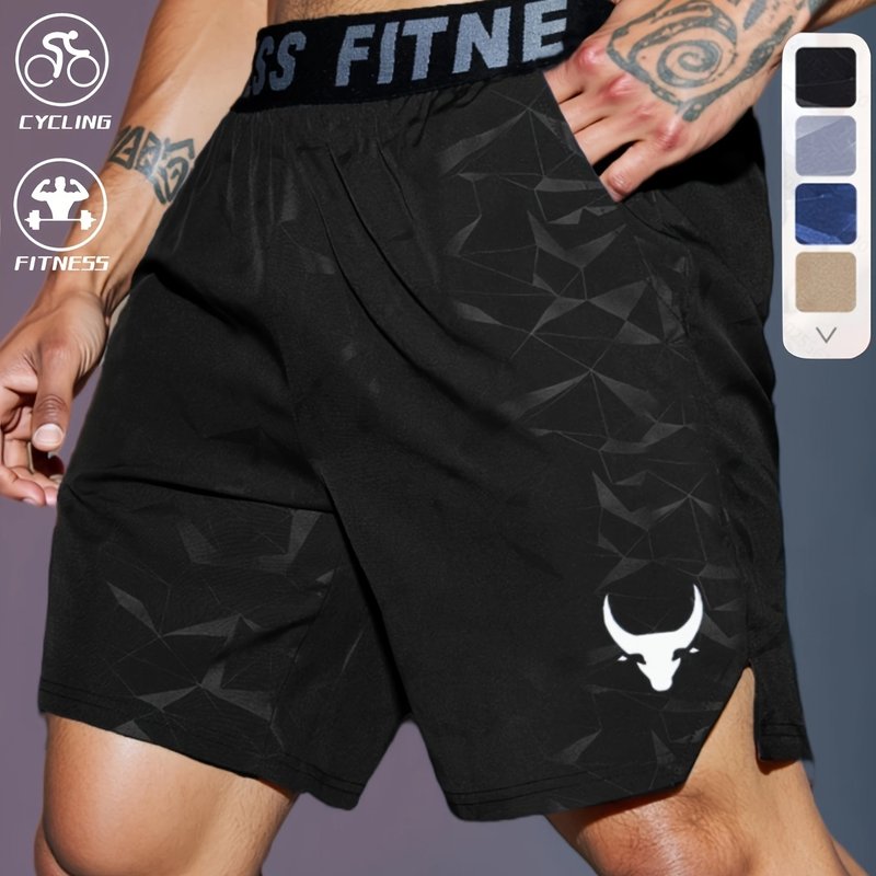 Men's "S's FINE" Athletic Shorts - Gray, Quick-Dry Polyester with Geometric Pattern, Elastic Waistband, Ideal for Running & Workouts, Machine Washable