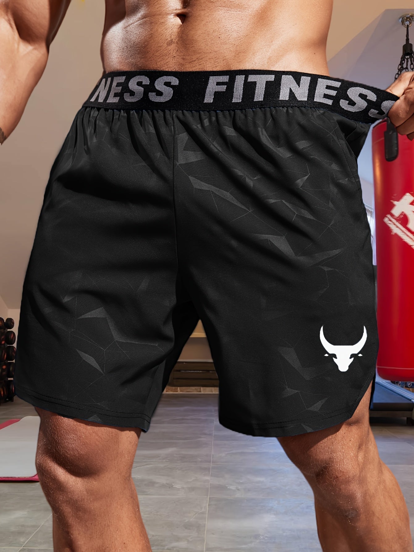 Men's "S's FINE" Athletic Shorts - Gray, Quick-Dry Polyester with Geometric Pattern, Elastic Waistband, Ideal for Running & Workouts, Machine Washable