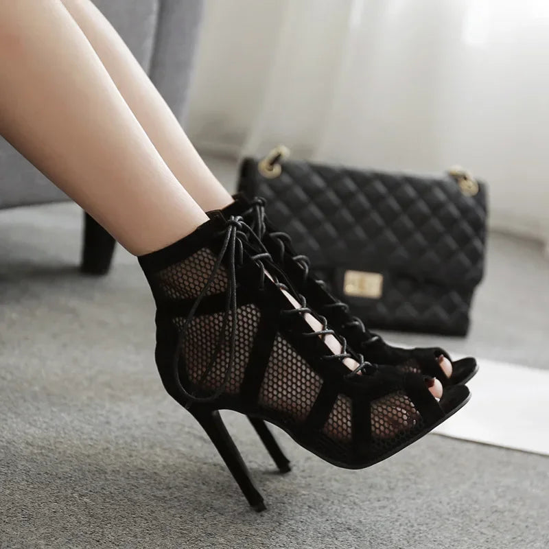 Women High Heels Dance Shoes Summer Mesh Cutout Breathable Boots Elegant Shoes Ladies Fashion Party Stiletto Sandals