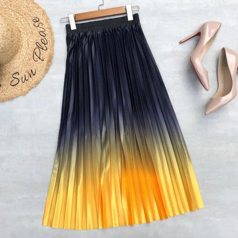 Seoulish 2024 New Elegant Gradient Stain Women's Pleated Skirts High Waist Skirts Mi-long Umbrella Skirt Spring Summer