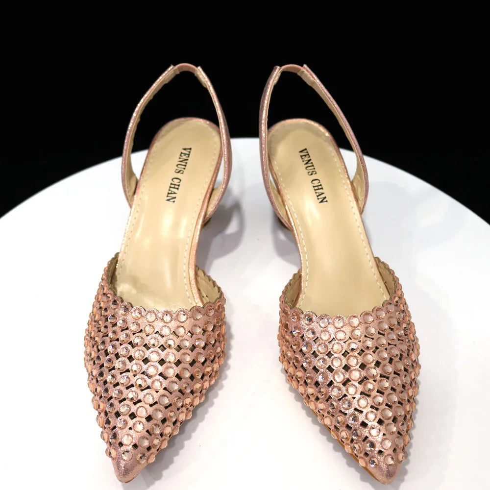 Venus Chan Talons Hauts pour Dame 2023 Designer De Luxe Couleur Verte Plein Diamant Bout Pointu Chaussures De Mariage Et Sac Ensemble pour la Fête