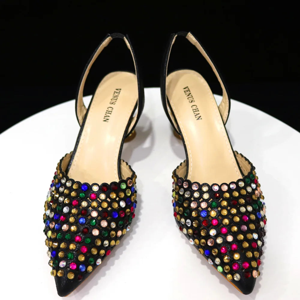 Venus Chan Talons Hauts pour Dame 2023 Designer De Luxe Couleur Verte Plein Diamant Bout Pointu Chaussures De Mariage Et Sac Ensemble pour la Fête