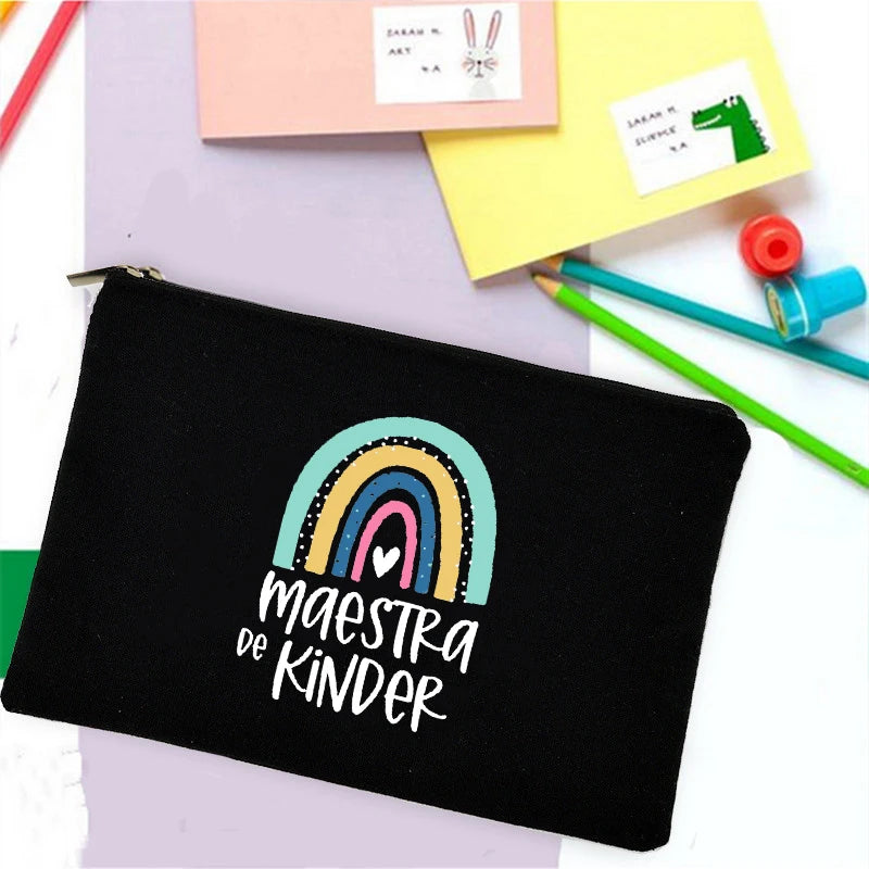 School Stationery Supplies Storage Bags Rainbow Teacher Spanish Printed Teacher Pencil Cases Travel Wash Pouch Gifts Makeup Bag