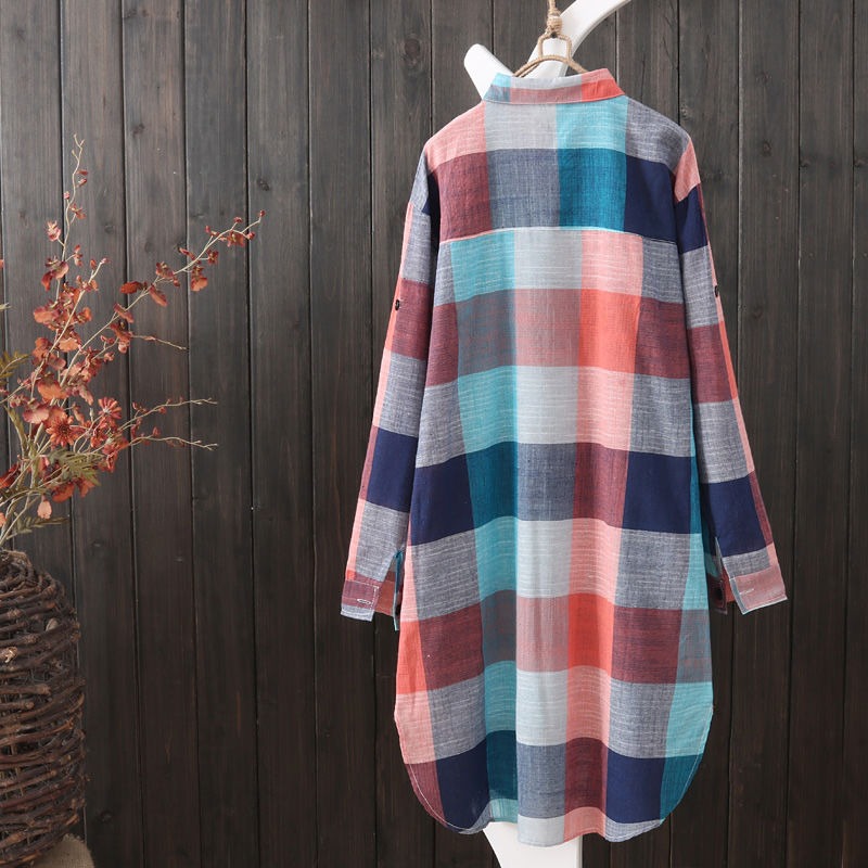 Casual Plaid Cotton Mid Length Shirt Fashion Women Loose Button 2023 Fall Blouse Long Sleeve Winter Sunscreen Plaid Shirt