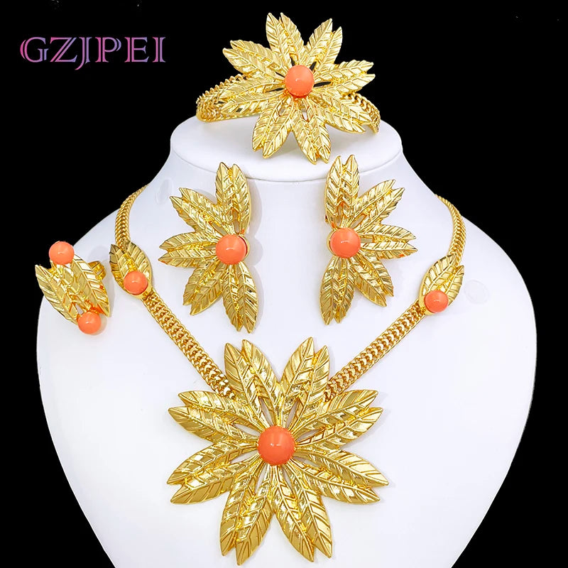 Women Jewelry Set African Nigeria Bold Jewelry 18K Gold Plated Plant Leaves Necklace Earring Bracelet Ring Imitation Pearls