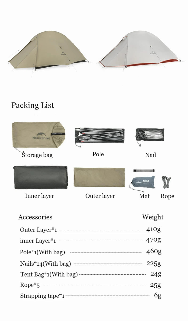 Naturehike Camping Tent Ultralight Portable Cloud Up Pro 2 Person Shelter Tent Folding Backpack Waterproof Travel Beach Tent
