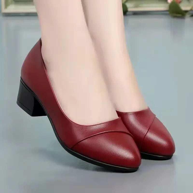 Shoes Women Mid Heel Office Lady Pumps PU Leather Black Basic Square Heeled Spring Autumn Loafers Female Zapatos