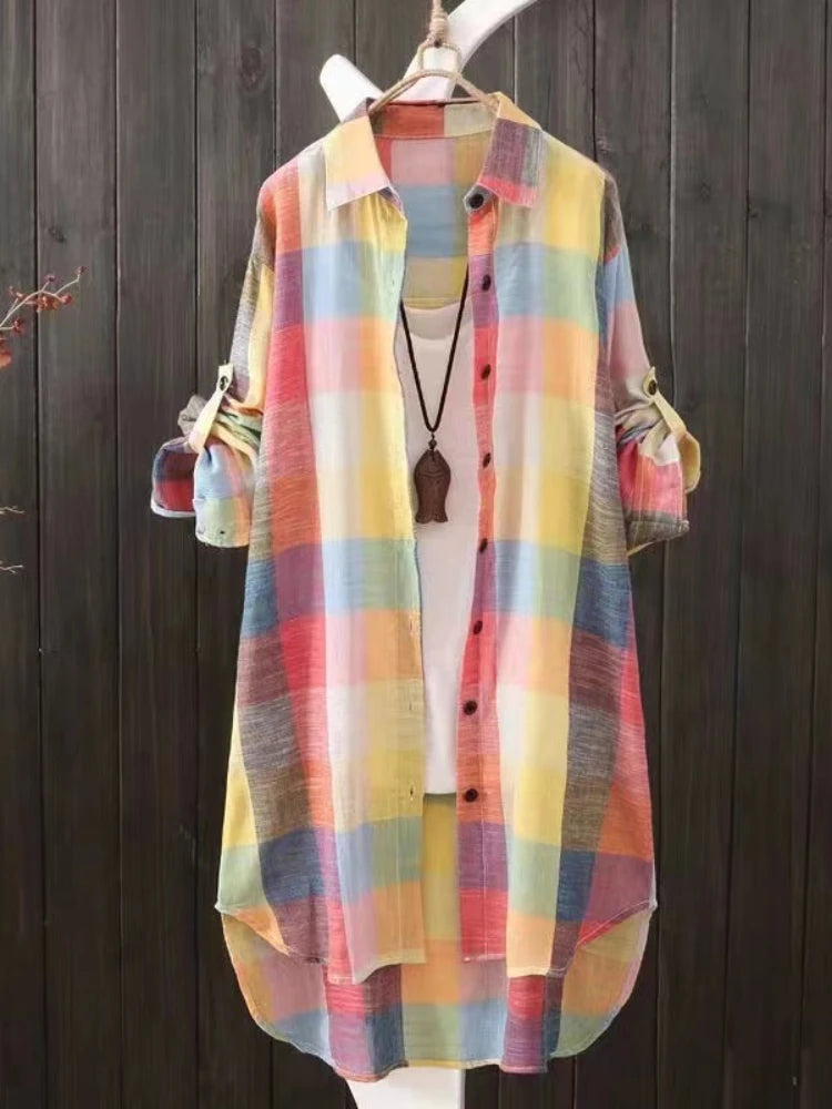 Casual Plaid Cotton Mid Length Shirt Fashion Women Loose Button 2023 Fall Blouse Long Sleeve Winter Sunscreen Plaid Shirt