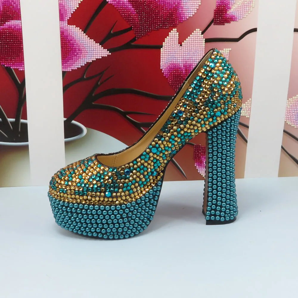 Fashion Teal Blue Mix Color Wedding Shoes and bag Set Woman 14CM High Pumps Thick Heel Party Shoes Matching Bag Round Toe Pumps