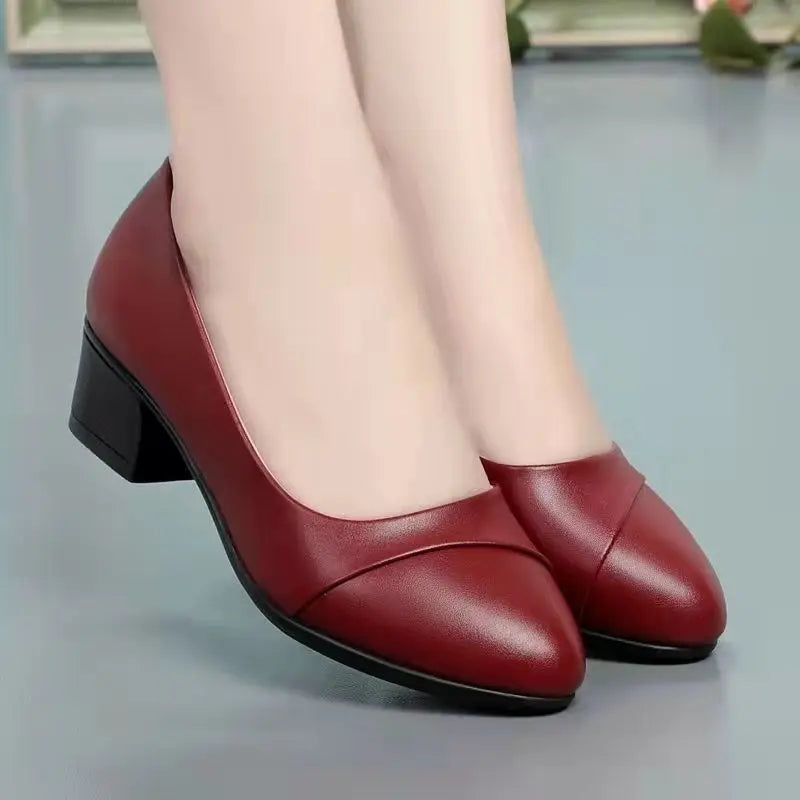 Shoes Women Mid Heel Office Lady Pumps PU Leather Black Basic Square Heeled Spring Autumn Loafers Female Zapatos