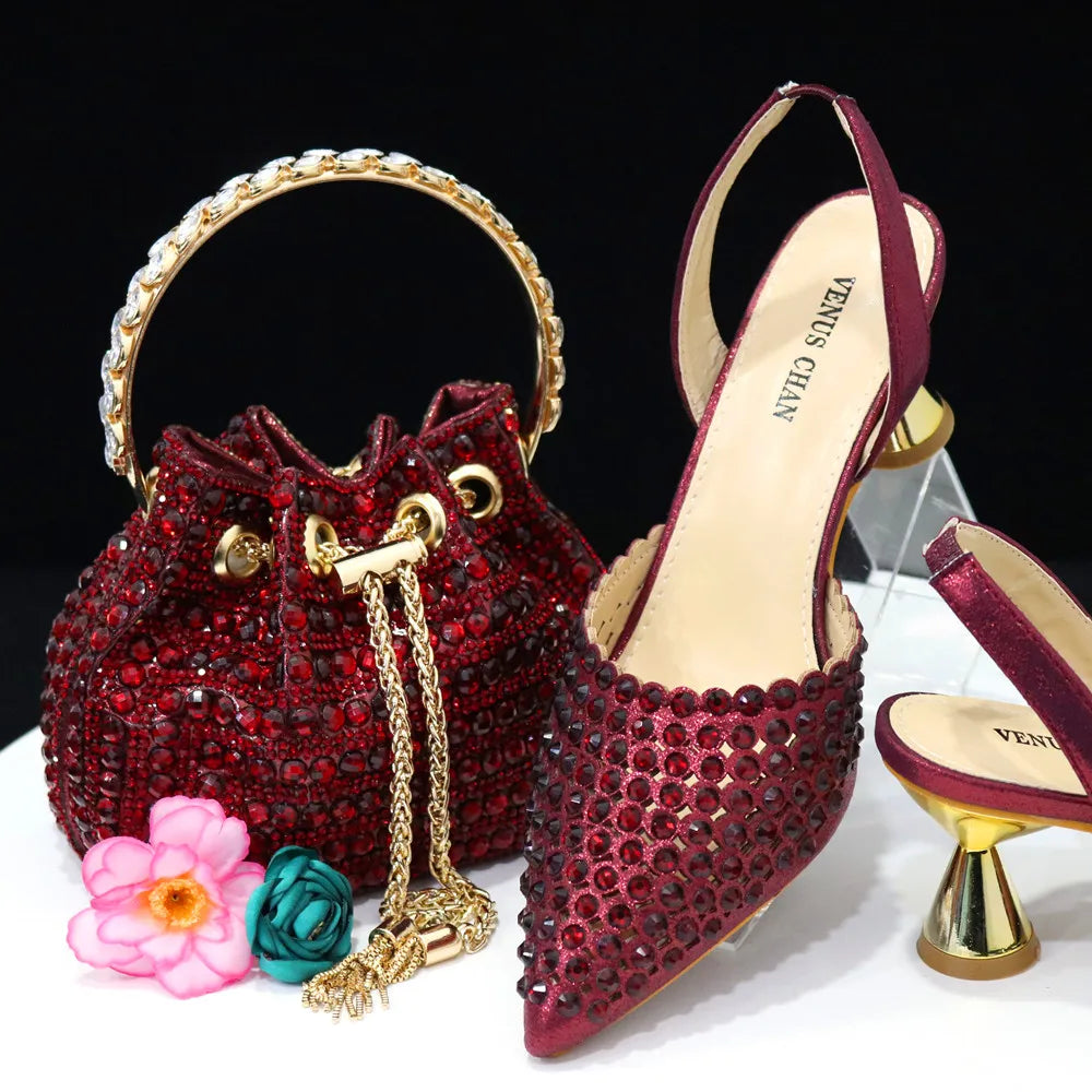 Venus Chan Talons Hauts pour Dame 2023 Designer De Luxe Couleur Verte Plein Diamant Bout Pointu Chaussures De Mariage Et Sac Ensemble pour la Fête