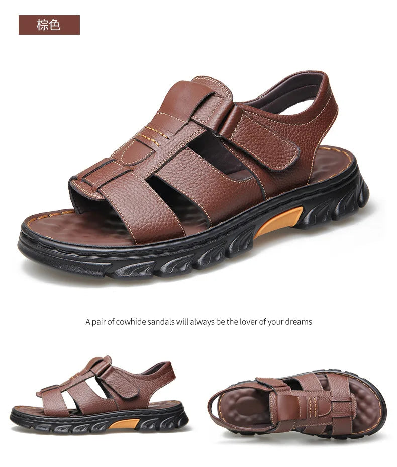 Sandales de luxe pour hommes Sandales en cuir de vache pour hommes 2024 Chaussures de plage à semelles épaisses antidérapantes d'été Baskets de loisirs en cuir faites à la main pour hommes