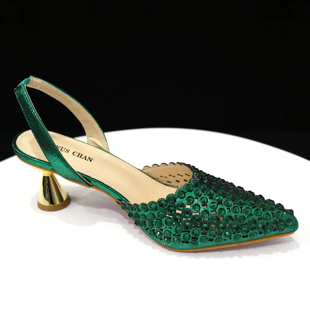 Venus Chan Talons Hauts pour Dame 2023 Designer De Luxe Couleur Verte Plein Diamant Bout Pointu Chaussures De Mariage Et Sac Ensemble pour la Fête