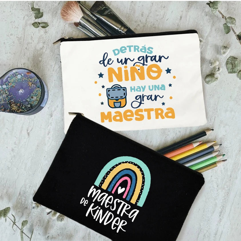 School Stationery Supplies Storage Bags Rainbow Teacher Spanish Printed Teacher Pencil Cases Travel Wash Pouch Gifts Makeup Bag