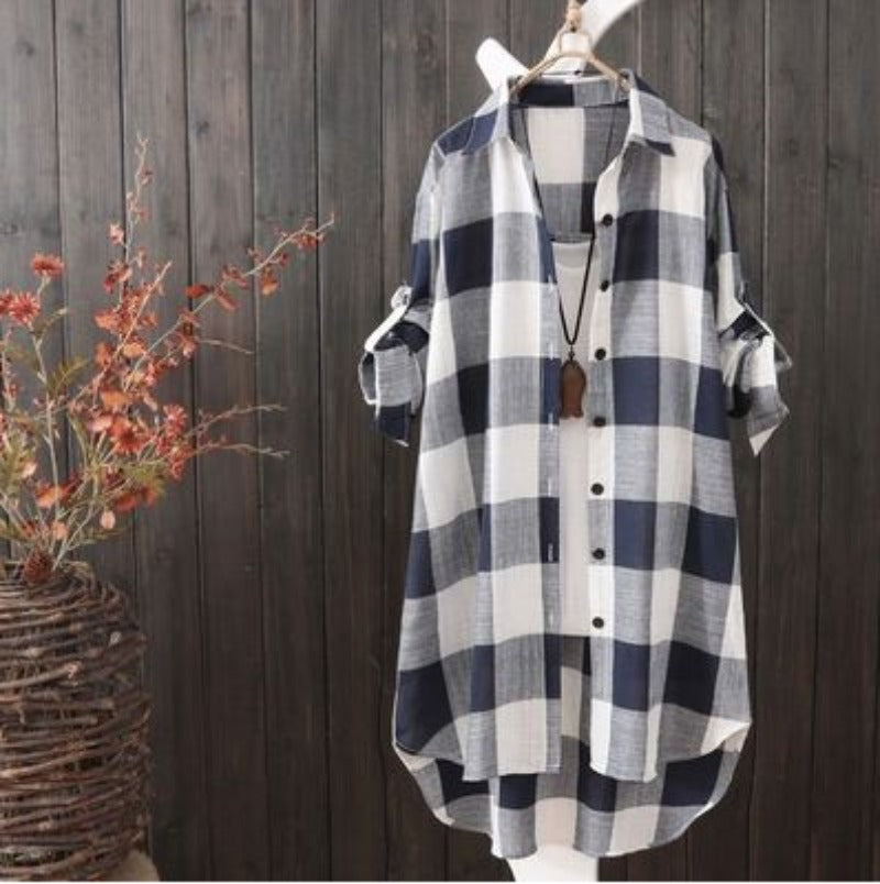 Casual Plaid Cotton Mid Length Shirt Fashion Women Loose Button 2023 Fall Blouse Long Sleeve Winter Sunscreen Plaid Shirt