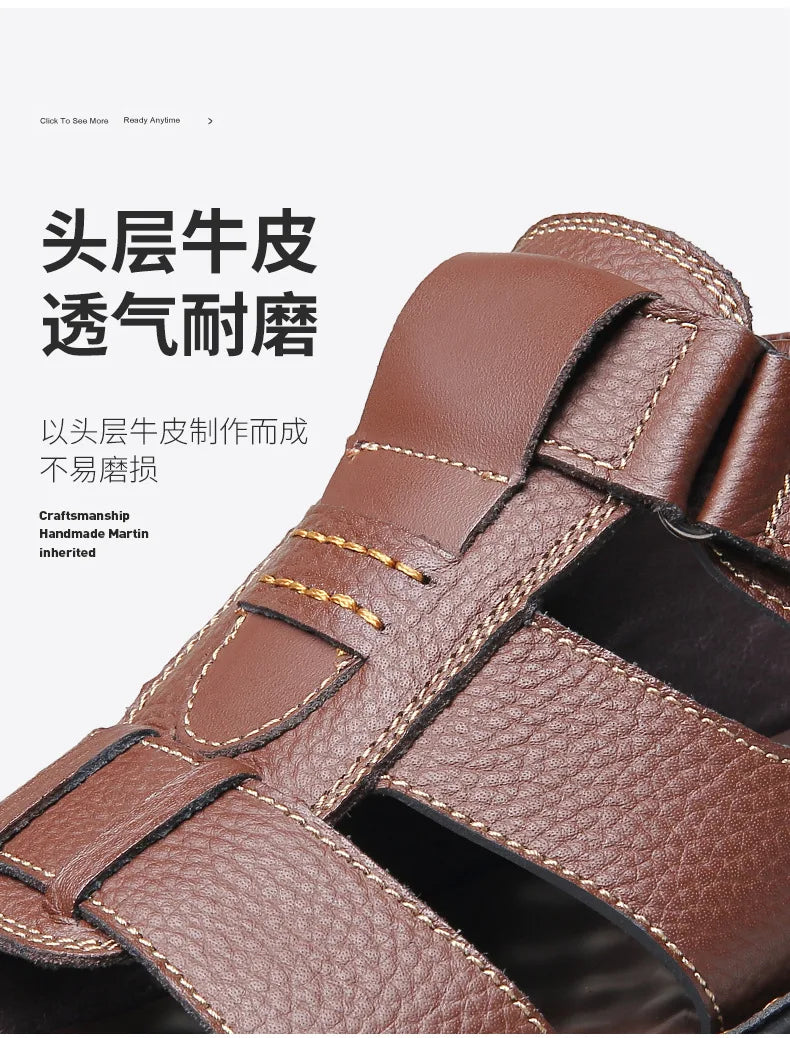 Sandales de luxe pour hommes Sandales en cuir de vache pour hommes 2024 Chaussures de plage à semelles épaisses antidérapantes d'été Baskets de loisirs en cuir faites à la main pour hommes