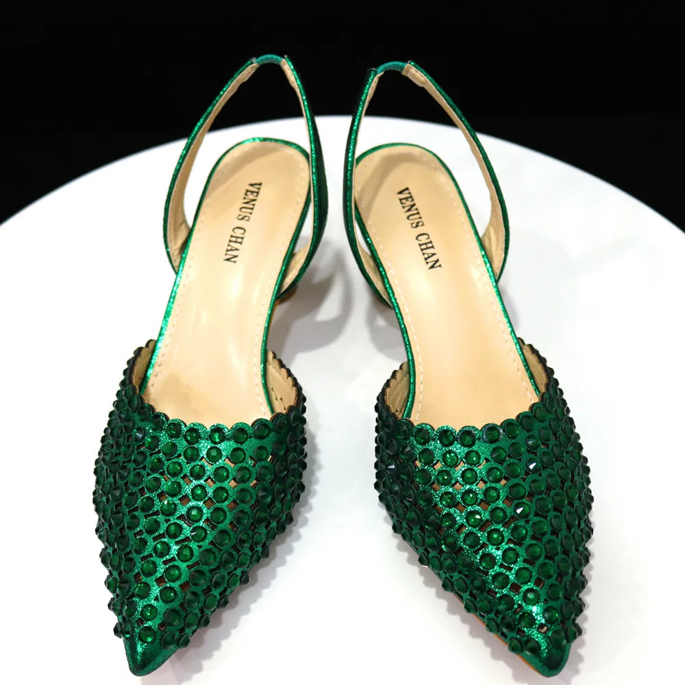 Venus Chan Talons Hauts pour Dame 2023 Designer De Luxe Couleur Verte Plein Diamant Bout Pointu Chaussures De Mariage Et Sac Ensemble pour la Fête