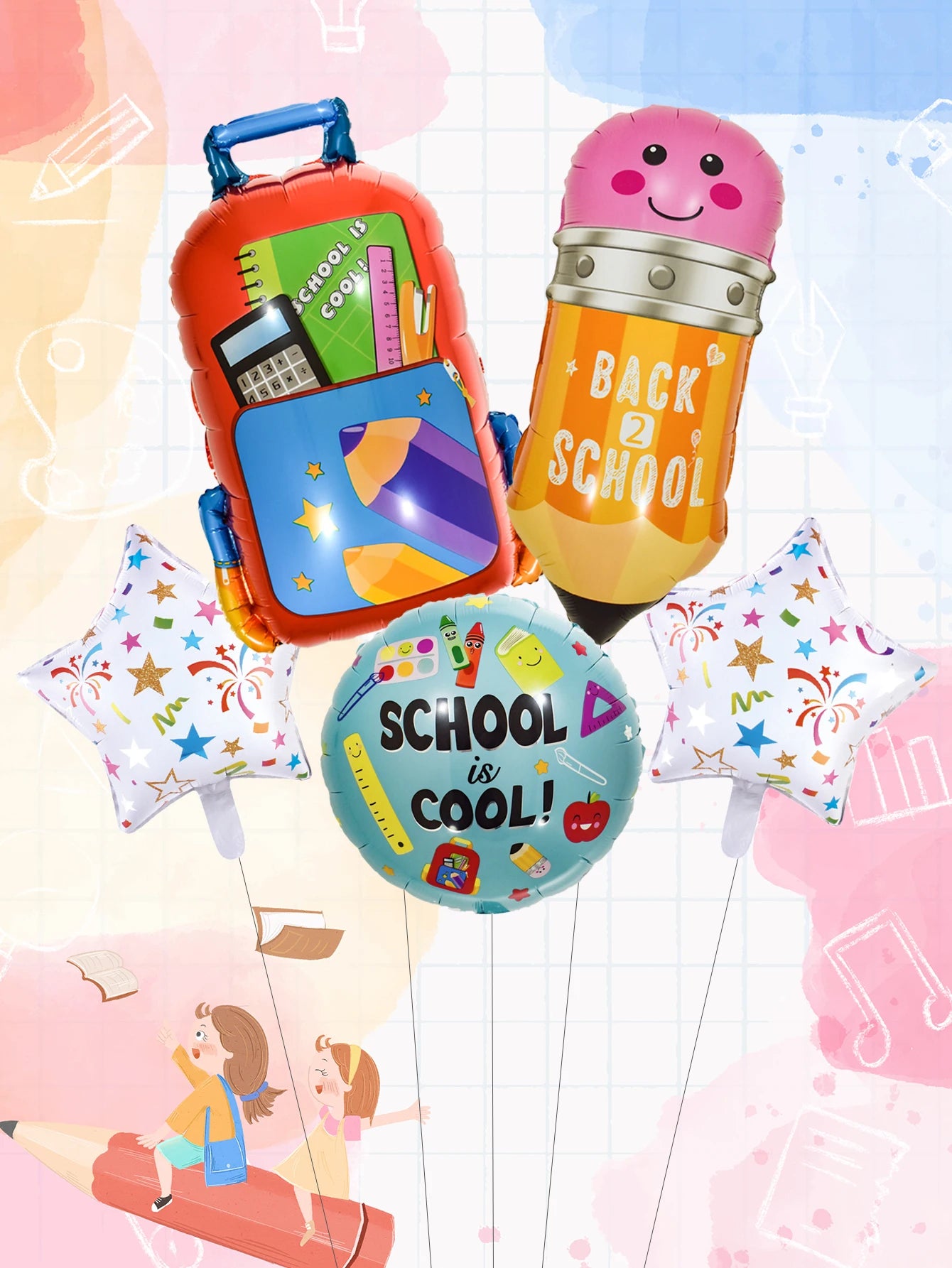 5pcs Back To School Foil Balloons Set Stationery Helium Balloon Pencil Balls Back To School Decortions Campus Classroom Decorate