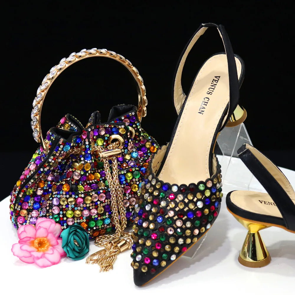 Venus Chan Talons Hauts pour Dame 2023 Designer De Luxe Couleur Verte Plein Diamant Bout Pointu Chaussures De Mariage Et Sac Ensemble pour la Fête