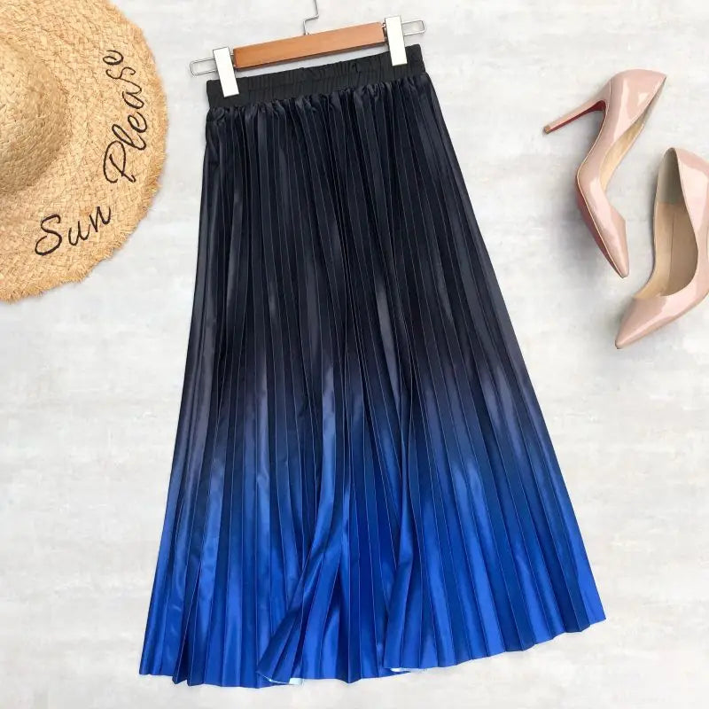 Seoulish 2024 New Elegant Gradient Stain Women's Pleated Skirts High Waist Skirts Mi-long Umbrella Skirt Spring Summer